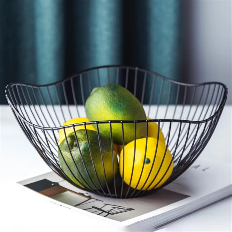 002D062 Simple Style Metal Fruit Basket Iron Wire Round Fruit Bowl for Kitchen Countertop - Black