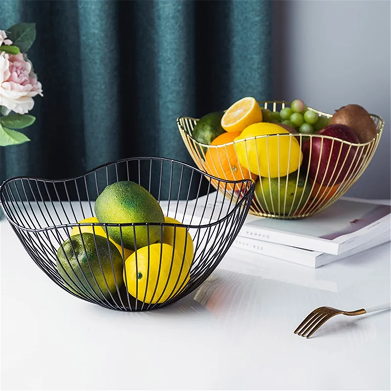 002D062 Simple Style Metal Fruit Basket Iron Wire Round Fruit Bowl for Kitchen Countertop - Black