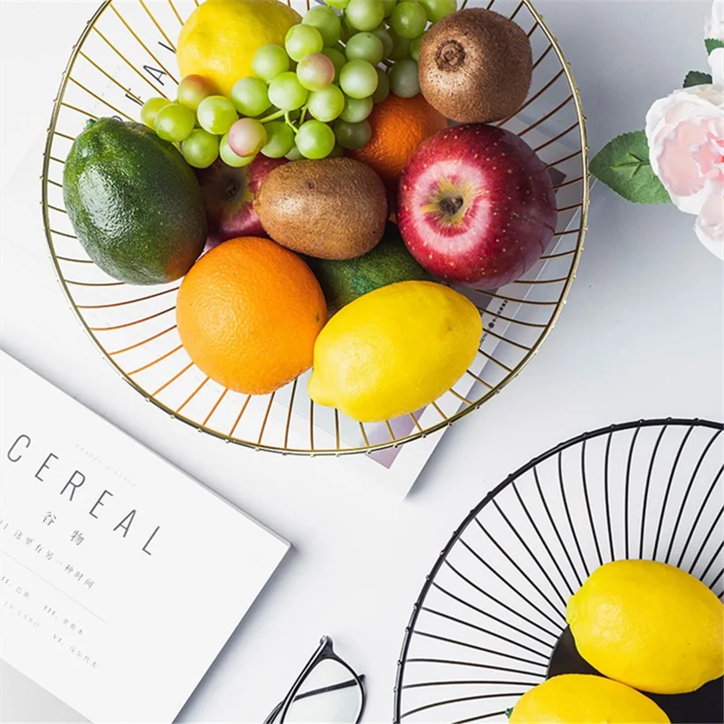 002D062 Simple Style Metal Fruit Basket Iron Wire Round Fruit Bowl for Kitchen Countertop - Black