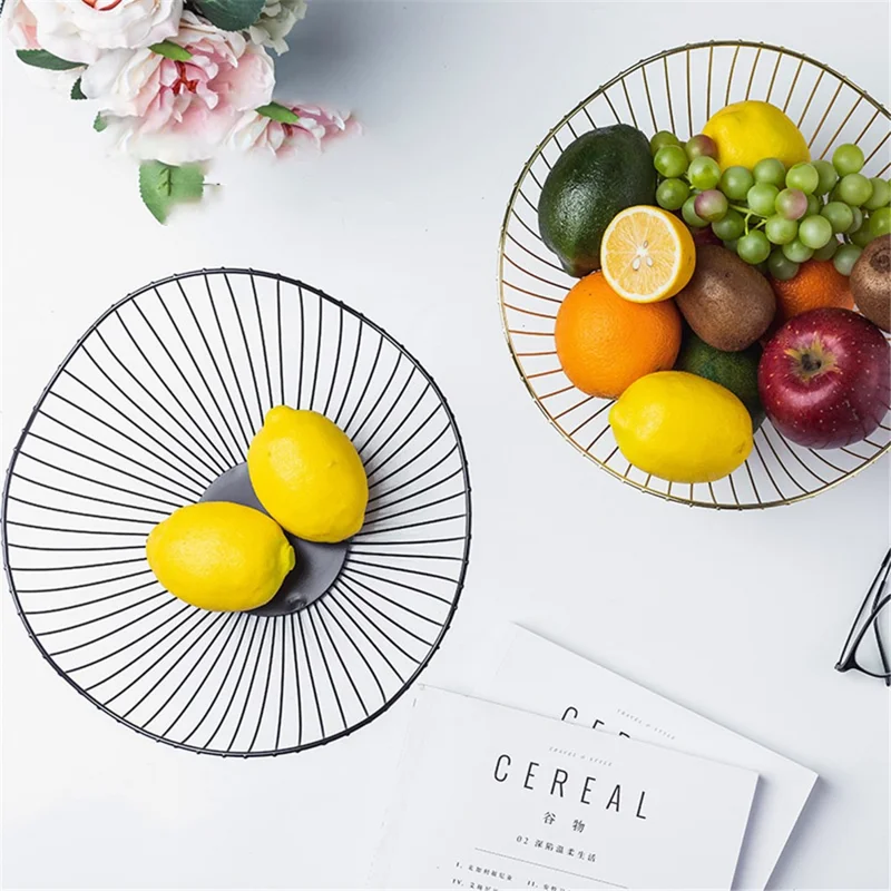 002D062 Simple Style Metal Fruit Basket Iron Wire Round Fruit Bowl for Kitchen Countertop - Black