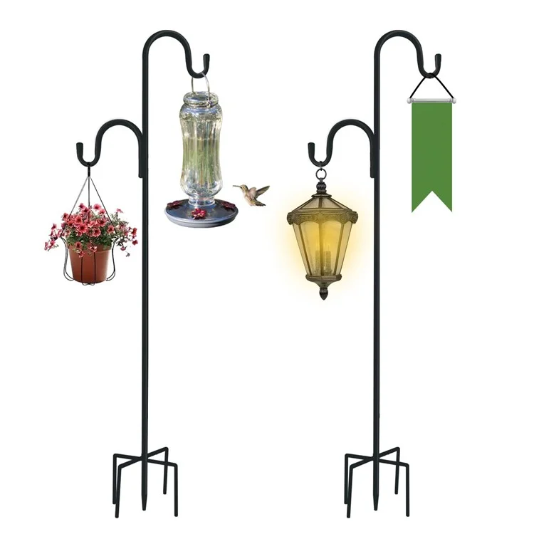 JL301 2.4m Double Shepherds Hooks Outdoor Bird Feeder Pole with 5 Prongs Base Heavy Duty Garden Hook