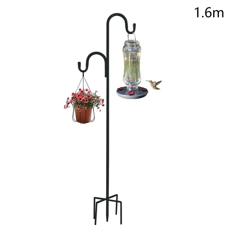 JL301 1.6m Double Shepherds Hooks Outdoor Bird Feeder Pole with 5 Prongs Base Heavy Duty Garden Hook