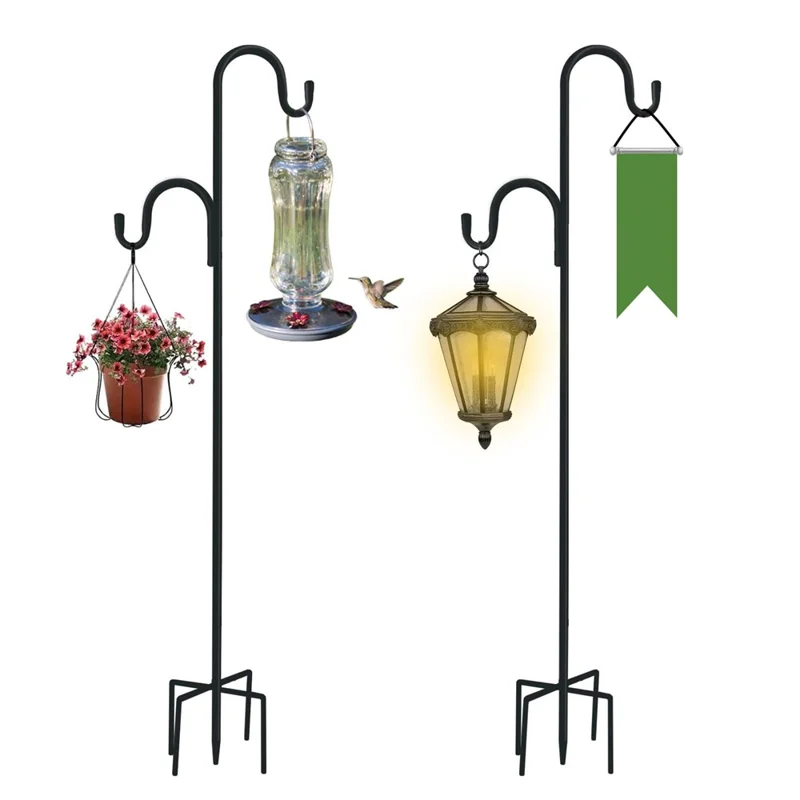 JL301 1.6m Double Shepherds Hooks Outdoor Bird Feeder Pole with 5 Prongs Base Heavy Duty Garden Hook