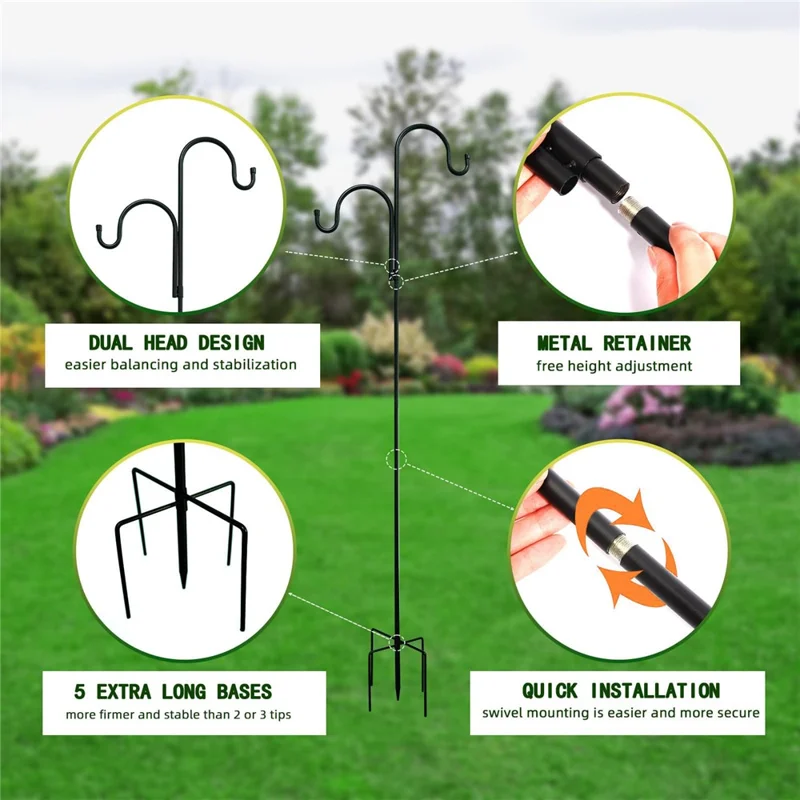JL301 1.6m Double Shepherds Hooks Outdoor Bird Feeder Pole with 5 Prongs Base Heavy Duty Garden Hook