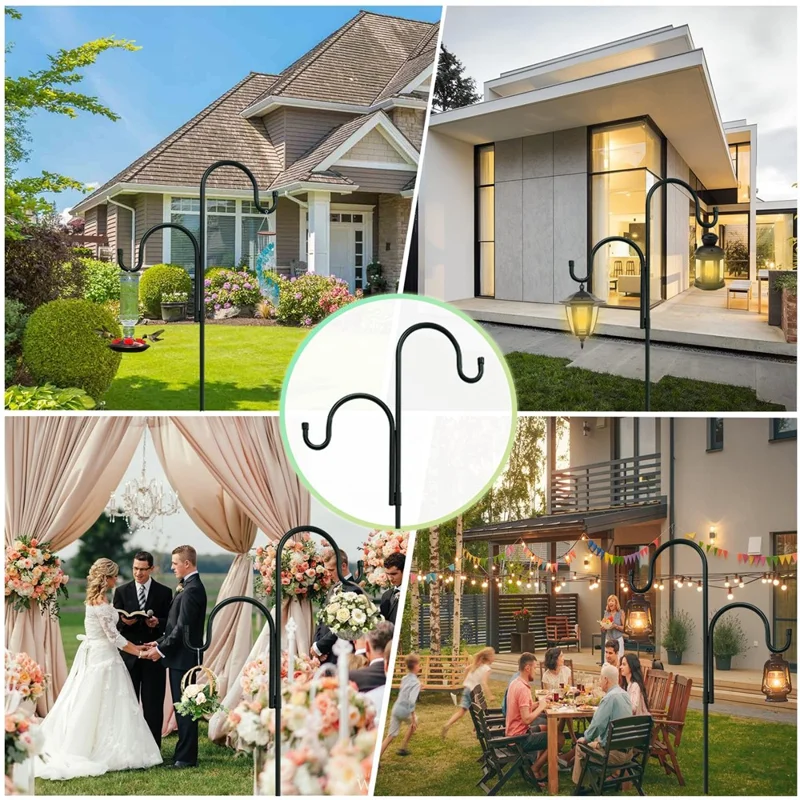 JL301 1.6m Double Shepherds Hooks Outdoor Bird Feeder Pole with 5 Prongs Base Heavy Duty Garden Hook