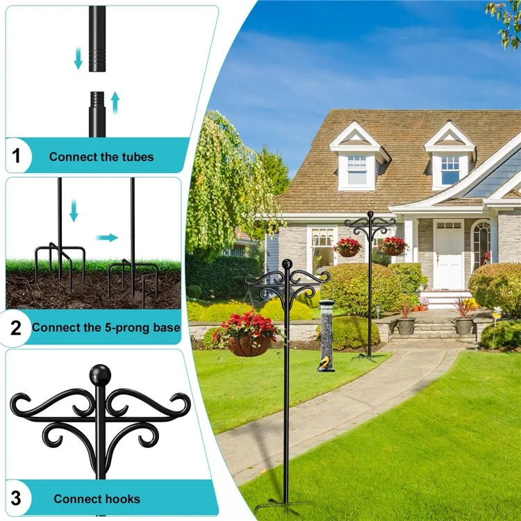 JL02 92-inch Outdoor Shepherds Hook Bird Feeder Pole with 5 Prongs Base for Hanging Plant Baskets Lanterns