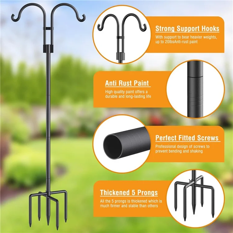 JL01 2.4m Double Shephards Hooks for Bird Feeder Stand with 5 Prong Base for Hanging Solar Lantern