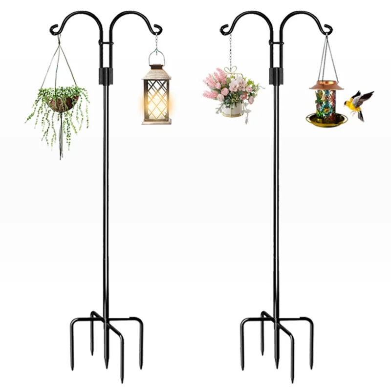 JL01 2m Double Shephards Hooks for Bird Feeder Stand with 5 Prong Base for Hanging Solar Lantern