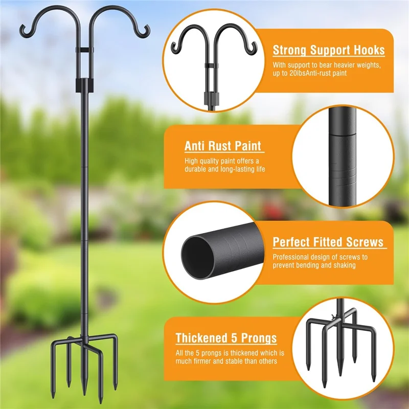 JL01 2m Double Shephards Hooks for Bird Feeder Stand with 5 Prong Base for Hanging Solar Lantern