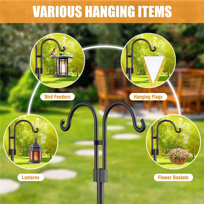JL01 2m Double Shephards Hooks for Bird Feeder Stand with 5 Prong Base for Hanging Solar Lantern