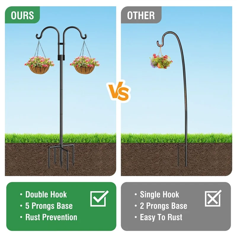 JL01 2m Double Shephards Hooks for Bird Feeder Stand with 5 Prong Base for Hanging Solar Lantern