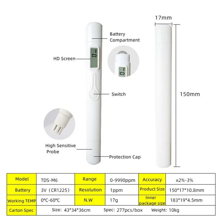 TDS-M6 LCD Display Water Quality Test Pen Digital TDS Meter Aquarium Water Testing Tool