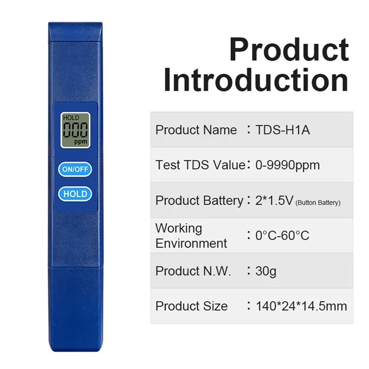 Medidor TDS-H1A Testador Digital de Qualidade da Água, Kit Portátil de Teste de Água para Água Potável, Aquário e Piscina