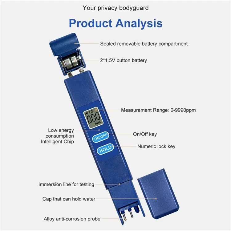 Medidor TDS-H1A Testador Digital de Qualidade da Água, Kit Portátil de Teste de Água para Água Potável, Aquário e Piscina