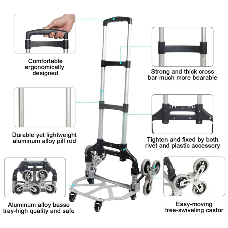 Heavy Duty Dolly Cart Folding Stair Climbing Hand Truck Trolley with 6 Wheels and Telescoping Handle