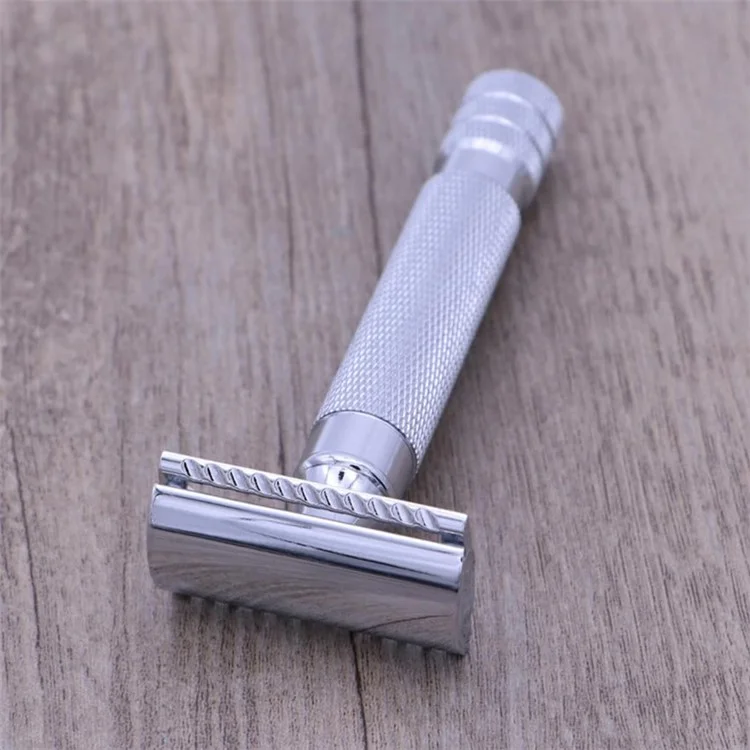 Flat Bottom Safety Razor Double Edge Barber Shaver with Textured Handle for Close Shaving