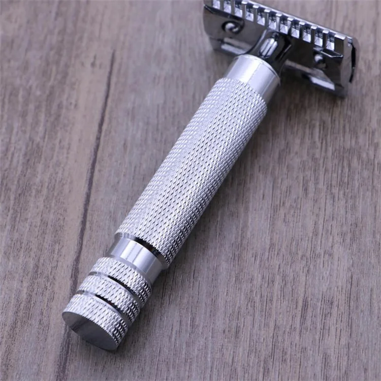 Flat Bottom Safety Razor Double Edge Barber Shaver with Textured Handle for Close Shaving