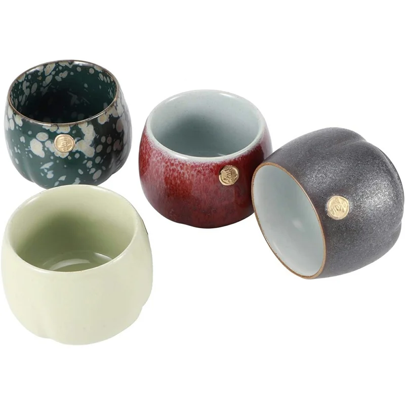 Ensemble de 4 Tasses à Thé Rétro Cuites au Four Style Japonais en Céramique pour la Dégustation de Thé Kung Fu