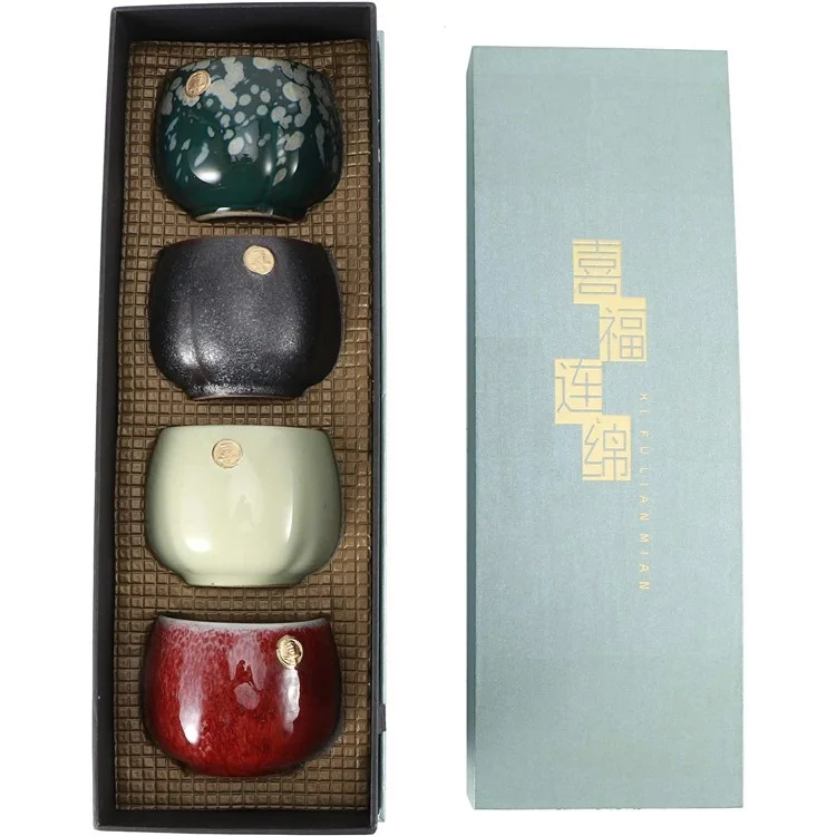 Ensemble de 4 Tasses à Thé Rétro Cuites au Four Style Japonais en Céramique pour la Dégustation de Thé Kung Fu