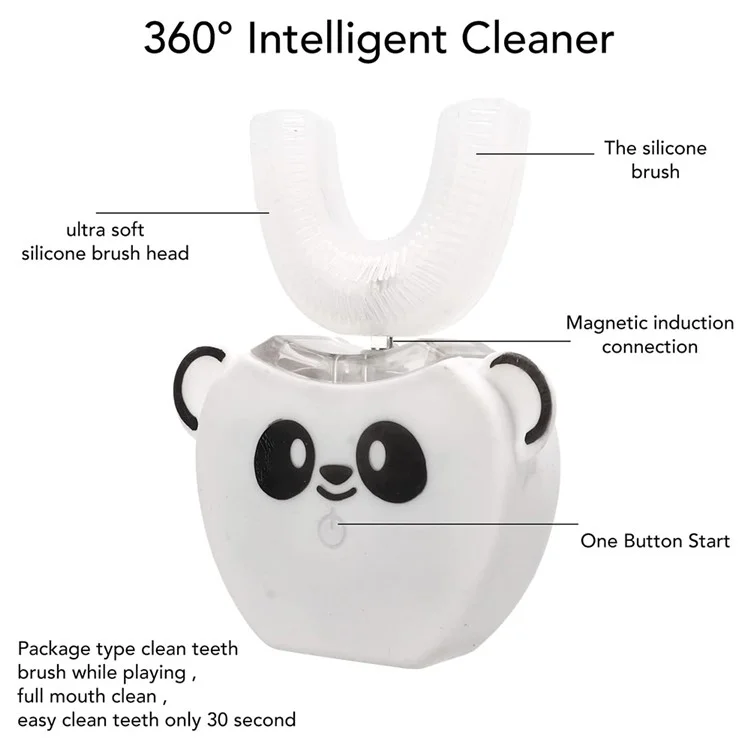 Cartoon Panda U Shaped Electric Toothbrush for Children Silicone Bristles Rechargeable Toothbrush - White
