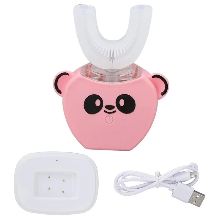 Cartoon Panda U Shaped Electric Toothbrush for Children Silicone Bristles Rechargeable Toothbrush - White