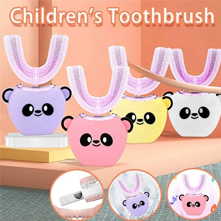 Cartoon Panda U Shaped Electric Toothbrush for Children Silicone Bristles Rechargeable Toothbrush - White
