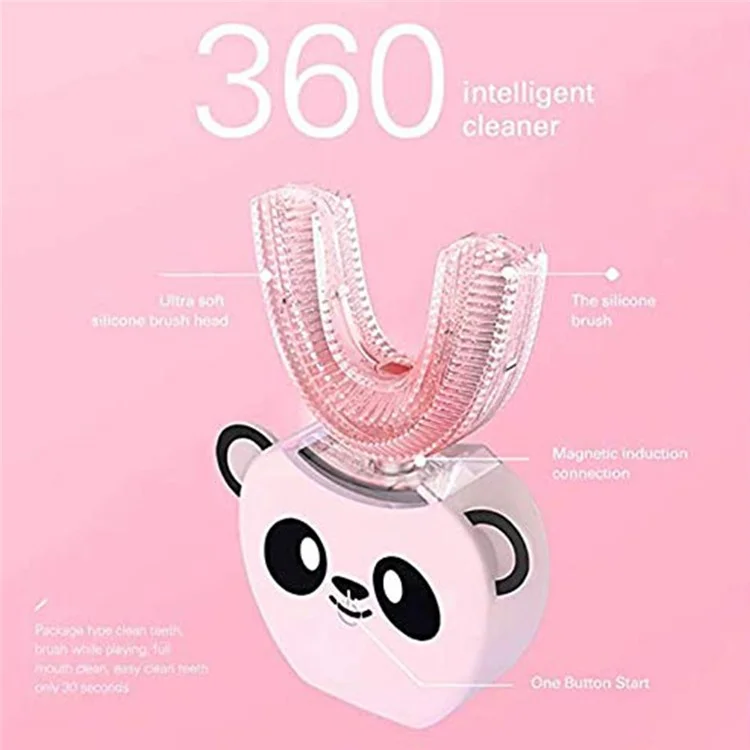 Cartoon Panda U Shaped Electric Toothbrush for Children Silicone Bristles Rechargeable Toothbrush - White