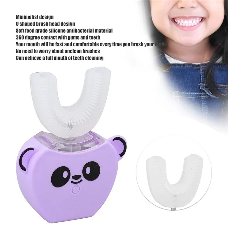 Cartoon Panda U Shaped Electric Toothbrush for Children Silicone Bristles Rechargeable Toothbrush - White