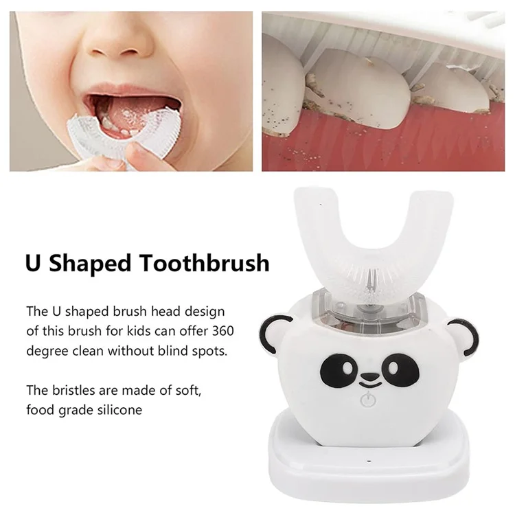 Cartoon Panda U Shaped Electric Toothbrush for Children Silicone Bristles Rechargeable Toothbrush - White