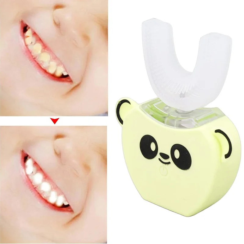 Cartoon Panda U Shaped Electric Toothbrush for Children Silicone Bristles Rechargeable Toothbrush - Yellow