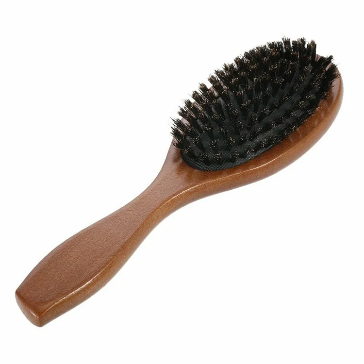 Brosse à cheveux en poils de sanglier naturels Anti-statique Peigne de massage du cuir chevelu avec manche en bois pour cheveux longs et épais bouclés