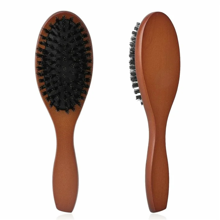 Brosse à cheveux en poils de sanglier naturels Anti-statique Peigne de massage du cuir chevelu avec manche en bois pour cheveux longs et épais bouclés
