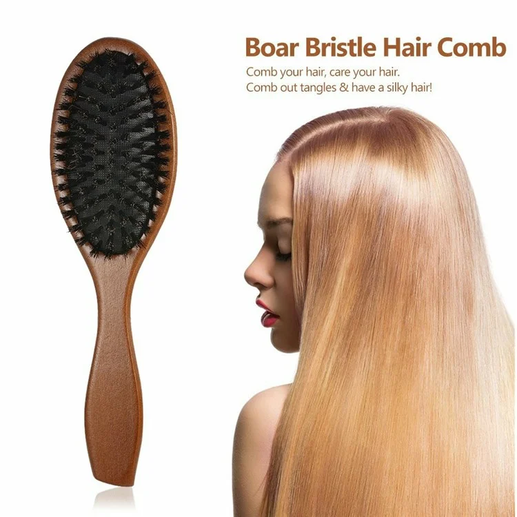 Brosse à cheveux en poils de sanglier naturels Anti-statique Peigne de massage du cuir chevelu avec manche en bois pour cheveux longs et épais bouclés