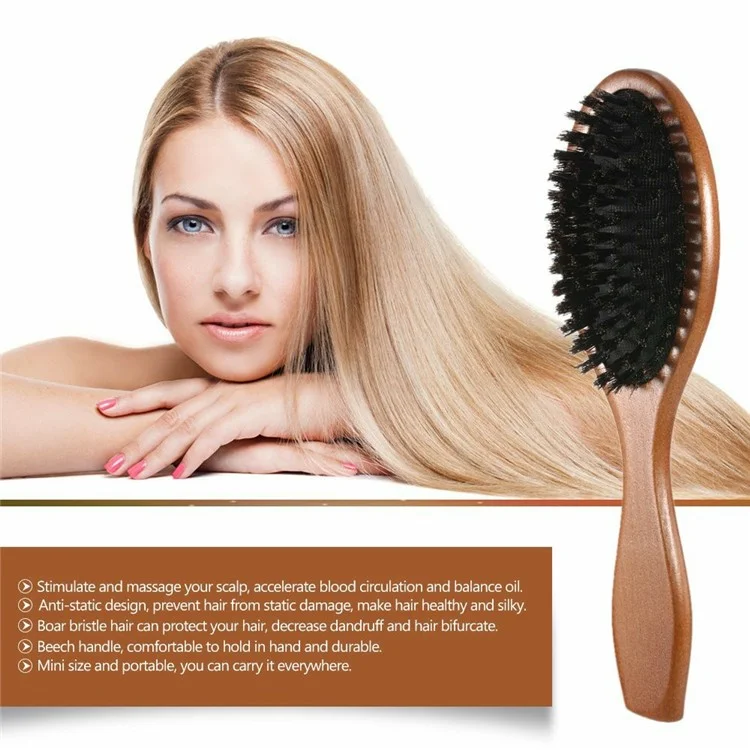 Brosse à cheveux en poils de sanglier naturels Anti-statique Peigne de massage du cuir chevelu avec manche en bois pour cheveux longs et épais bouclés
