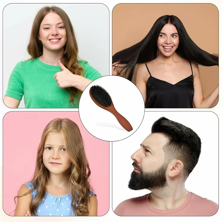 Brosse à cheveux en poils de sanglier naturels Anti-statique Peigne de massage du cuir chevelu avec manche en bois pour cheveux longs et épais bouclés