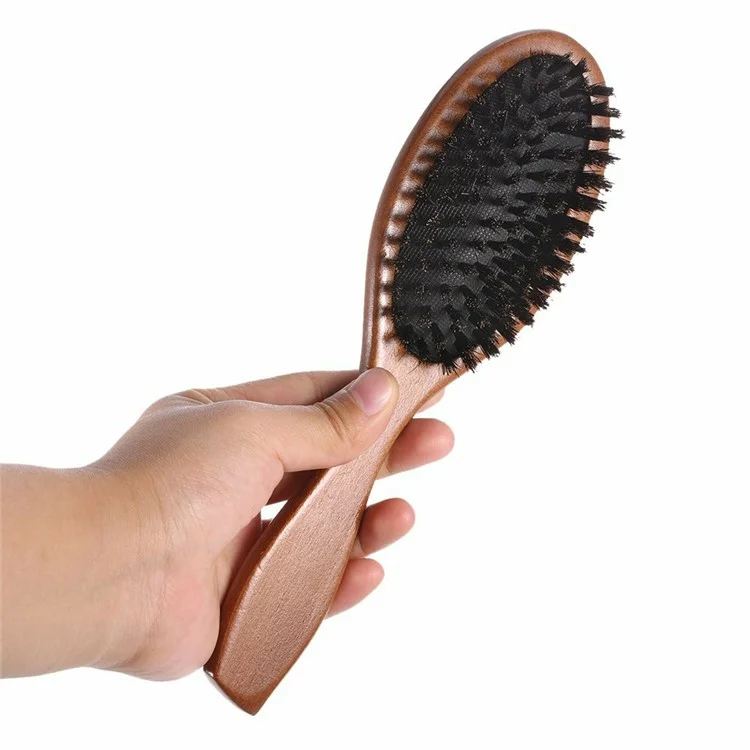 Brosse à cheveux en poils de sanglier naturels Anti-statique Peigne de massage du cuir chevelu avec manche en bois pour cheveux longs et épais bouclés