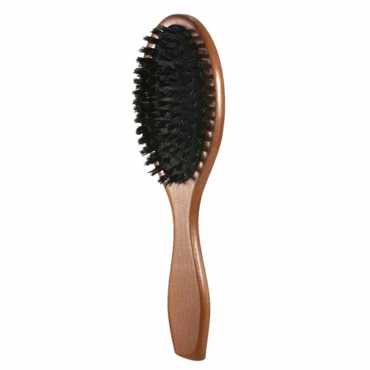 Brosse à cheveux en poils de sanglier naturels Anti-statique Peigne de massage du cuir chevelu avec manche en bois pour cheveux longs et épais bouclés