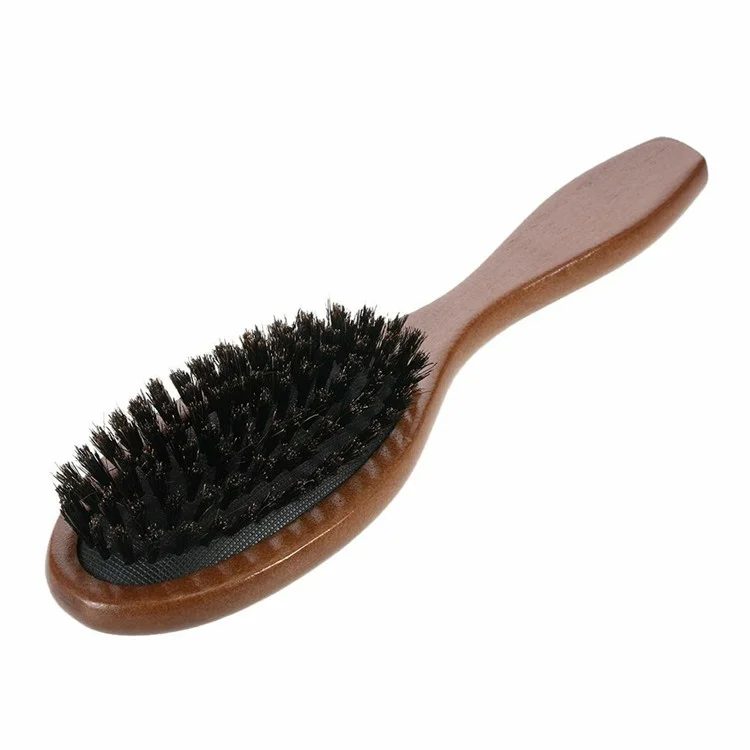Brosse à cheveux en poils de sanglier naturels Anti-statique Peigne de massage du cuir chevelu avec manche en bois pour cheveux longs et épais bouclés