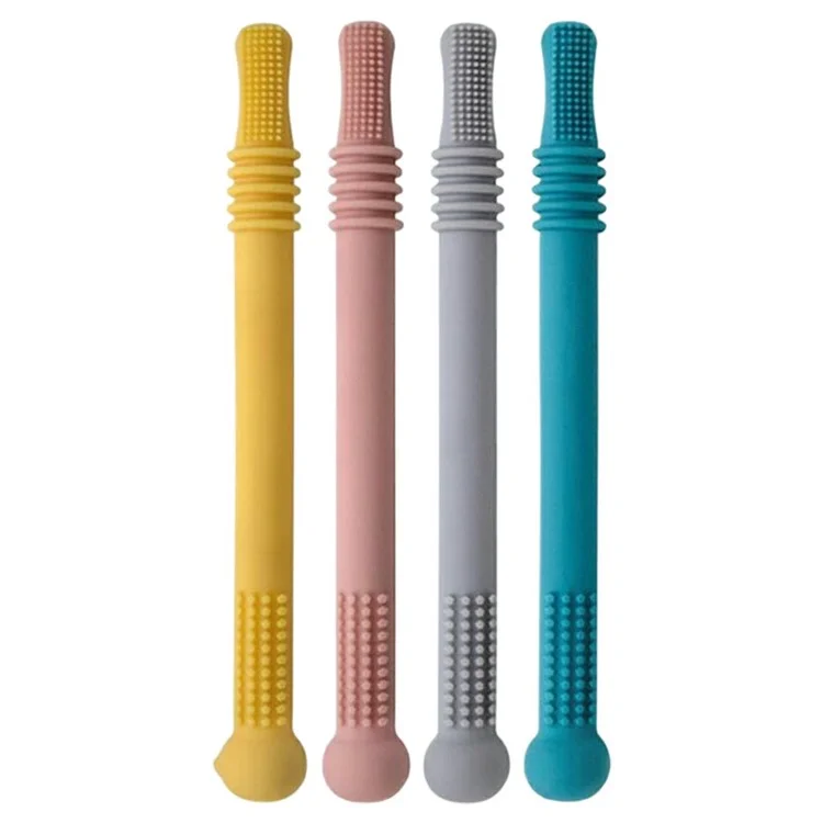 Baby Teething Toys 4Pcs Silicone Teether with Tube Brush Soft Hollow Design for Infant Oral Care (No FDA, BPA Free)