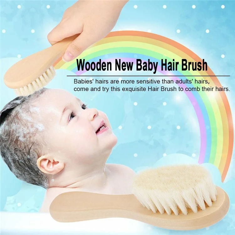 Escova de Limpeza Facial em Lã Suave para Bebês com Cabo de Madeira Natural - Tamanho P