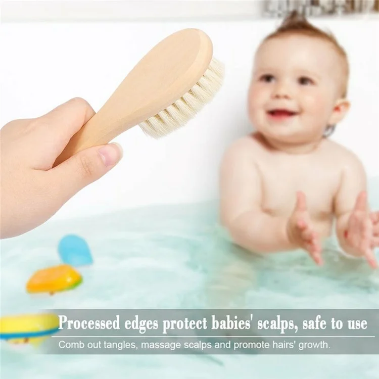 Escova de Limpeza Facial em Lã Suave para Bebês com Cabo de Madeira Natural - Tamanho P