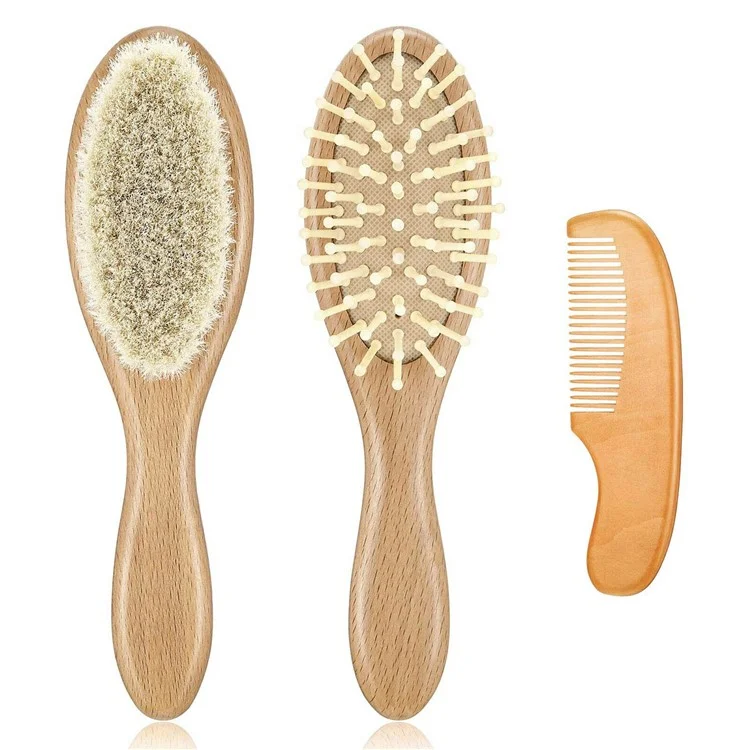 Grand ensemble de 3 brosses en laine pour bébé Soins capillaires pour nourrissons Poils doux Peigne de massage avec manche en bois