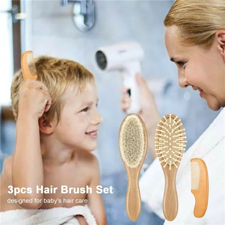 Grand ensemble de 3 brosses en laine pour bébé Soins capillaires pour nourrissons Poils doux Peigne de massage avec manche en bois