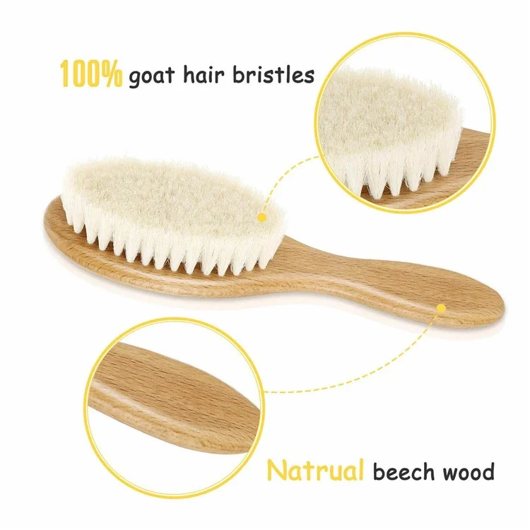 Grand ensemble de 3 brosses en laine pour bébé Soins capillaires pour nourrissons Poils doux Peigne de massage avec manche en bois