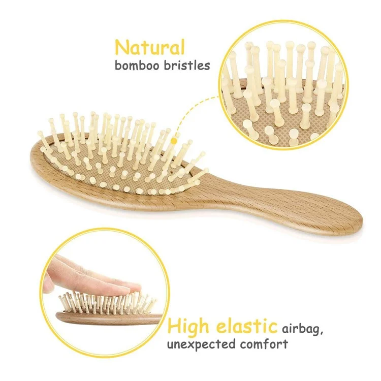 Grand ensemble de 3 brosses en laine pour bébé Soins capillaires pour nourrissons Poils doux Peigne de massage avec manche en bois
