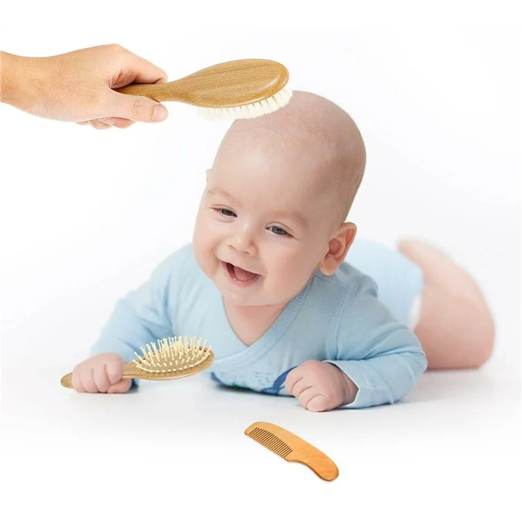 Grand ensemble de 3 brosses en laine pour bébé Soins capillaires pour nourrissons Poils doux Peigne de massage avec manche en bois