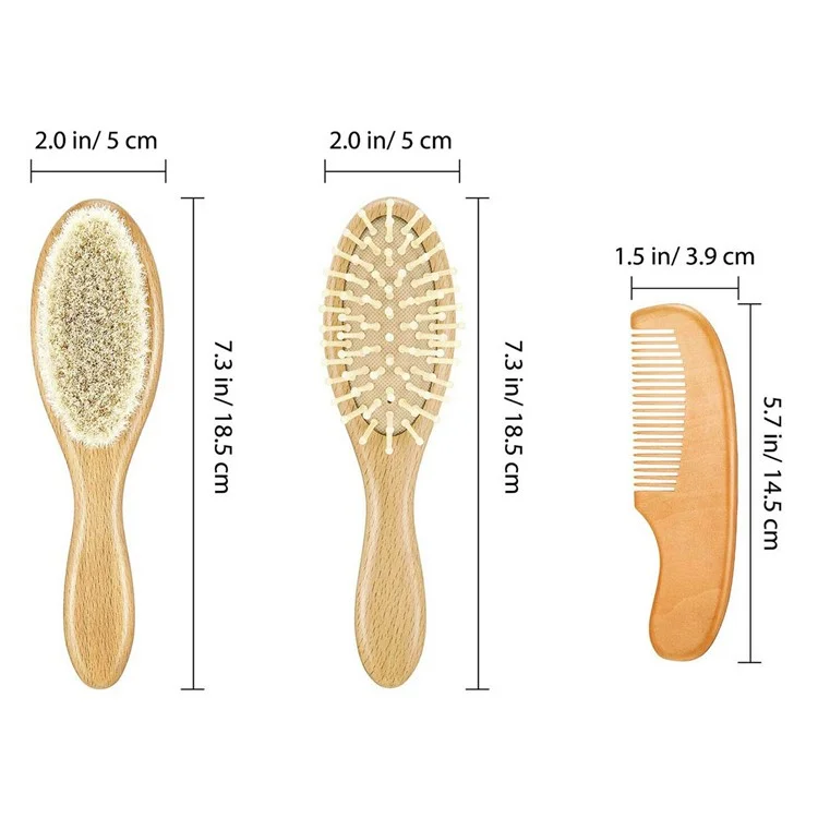 Grand ensemble de 3 brosses en laine pour bébé Soins capillaires pour nourrissons Poils doux Peigne de massage avec manche en bois