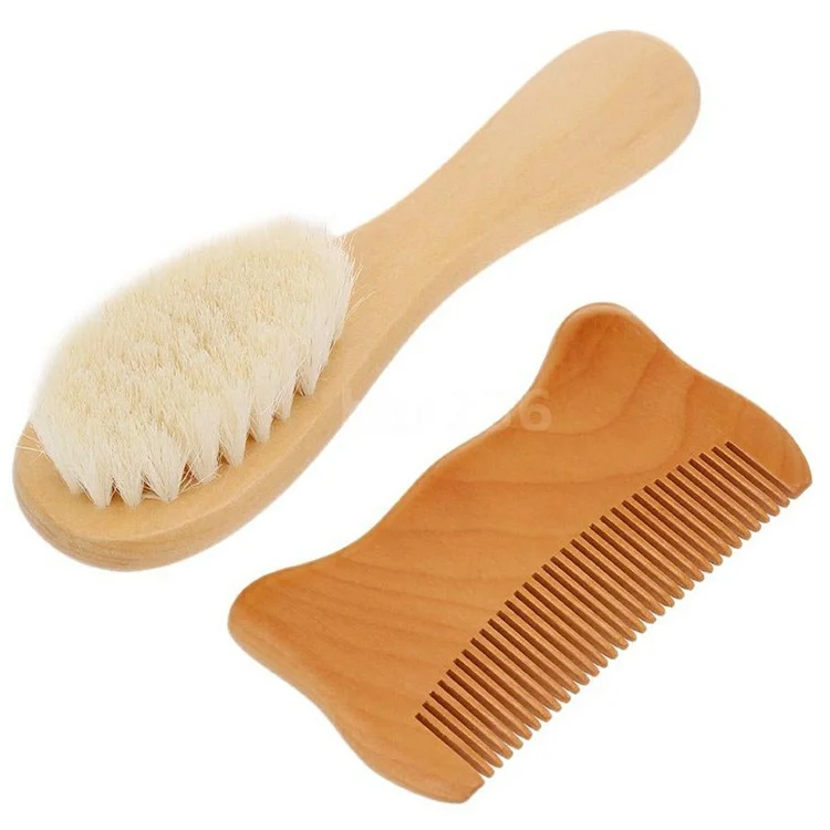 Set piccolo spazzola in lana per bambini e pettine in legno a forma di orecchie di gatto con setole morbide per massaggio cuoio capelluto di neonati / lattanti / bambini piccoli