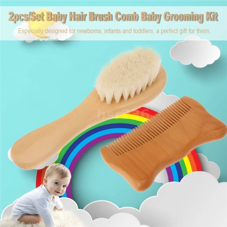Set piccolo spazzola in lana per bambini e pettine in legno a forma di orecchie di gatto con setole morbide per massaggio cuoio capelluto di neonati / lattanti / bambini piccoli