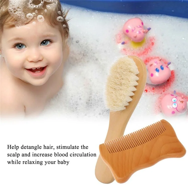 Set piccolo spazzola in lana per bambini e pettine in legno a forma di orecchie di gatto con setole morbide per massaggio cuoio capelluto di neonati / lattanti / bambini piccoli